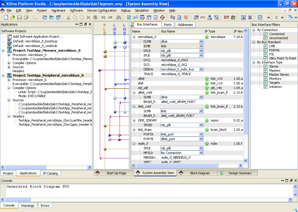 Xilinx Platform Studio A busz interfész és a port nézet szűrése Projekt fájlok elérése SW alkalmazás fejlesztés Információk a tervről,