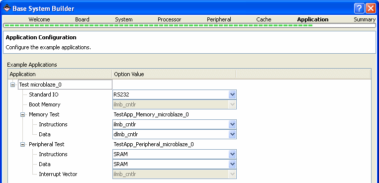 Base System Builder Wizard 5. A cache konfigurálása Utasítás cache Méret LUT/BRAM Gyorsítótárazott mem. Adat cache méret Méret LUT/BRAM Gyorsítótárazott mem. 6.