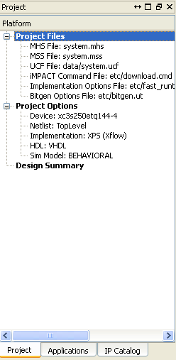 Xilinx Platform Studio projekt Projekt fájlok és beállítások Bal oldalon a Project fül Project Files A rendszert leíró fájlok Beállításokat tároló fájlok