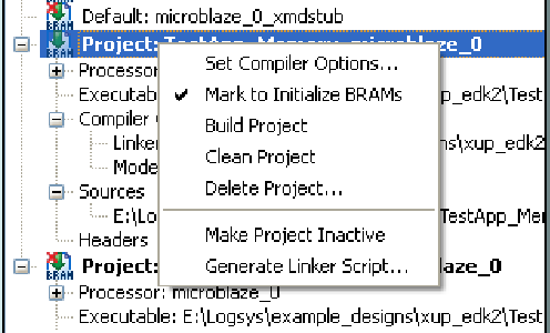 Xilinx Platform Studio Az elkészült rendszer kipróbálása: A Base System Builder Wizard által generált memória teszt alkalmazást célszerű használni (TestApp_Memory_microblaze_0) A huzalozási lista