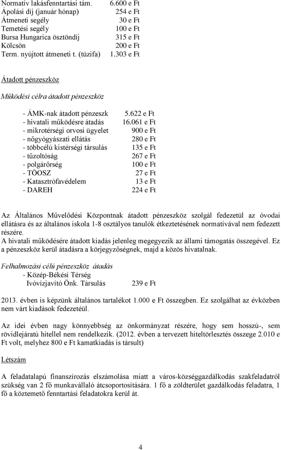 061 e Ft - mikrotérségi orvosi ügyelet 900 e Ft - nőgyógyászati ellátás 280 e Ft - többcélú kistérségi társulás 135 e Ft - tűzoltóság 267 e Ft - polgárőrség 100 e Ft - TÖOSZ 27 e Ft -