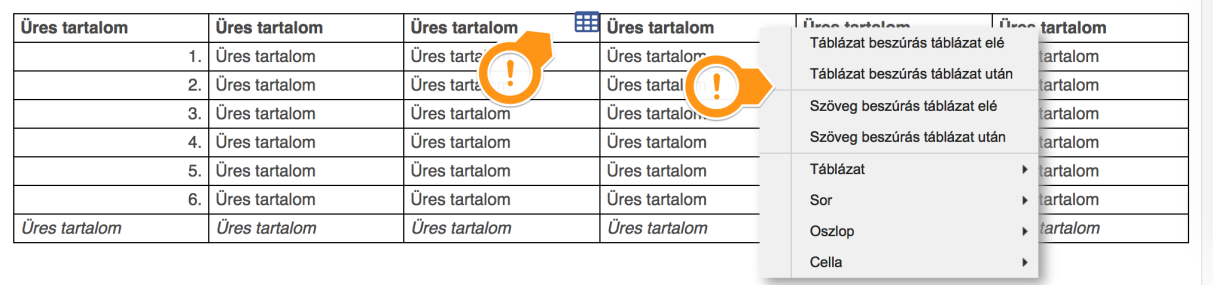 A táblázatra navigálva az alábbi lehetőségek állnak rendelkezésre: A cellák szövegére navigálva és rákattintva szerkeszthető a cella tartalma.