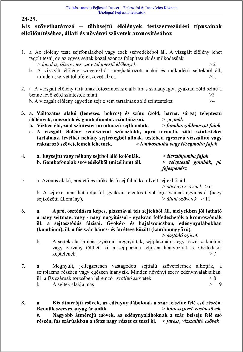 A vizsgált élőlény szövetekből: meghatározott alakú és működésű sejtekből áll, minden szervet többféle szövet alkot. >5. 2. a. A vizsgált élőlény tartalmaz fotoszintézisre alkalmas színanyagot, gyakran zöld színű a benne levő zöld színtestek miatt.