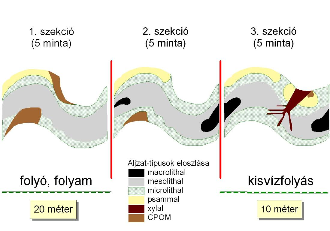 Mintavétel vízfolyásokon Területbejárás: Kisvízfolyások esetében a lejárt mederszakasz 250 méter, folyók és folyamok (szélesség nagyobb, mint 50 m) esetében 500 méter.