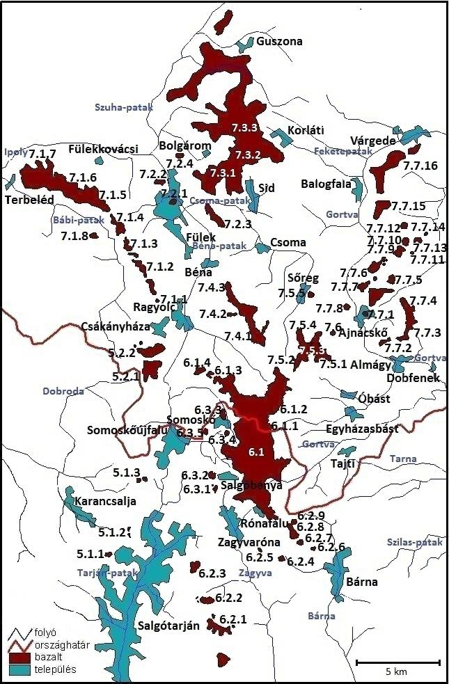 2. ábra: A Nógrád-Gömöri bazaltvidék tárgyalt bazaltelőfordulásai (Saját szerkesztésű térkép Jugovics Lajos ábrái és a A
