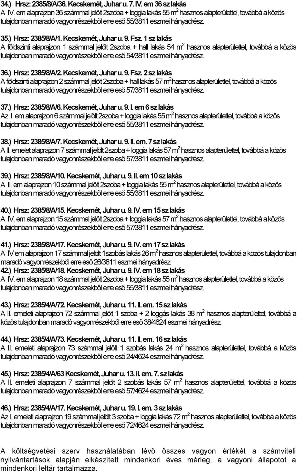 1 sz lakás A földszinti alaprajzon 1 számmal jelölt 2szoba + hall lakás 54 m 2 hasznos alapterülettel, továbbá a közös tulajdonban maradó vagyonrészekből erre eső 54/3811 eszmei hányadrész. 36.