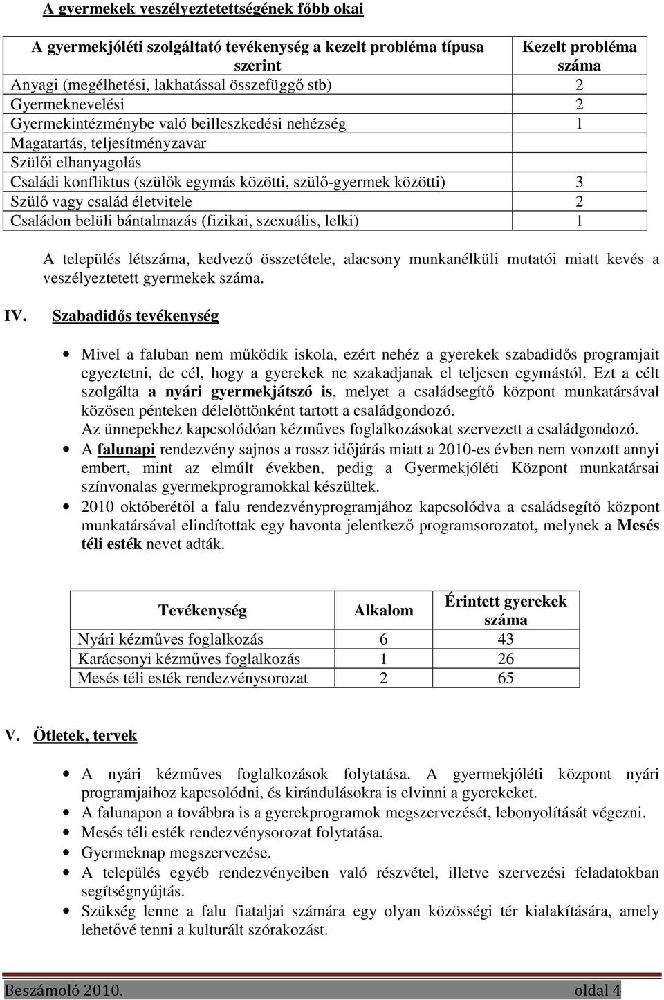 család életvitele 2 Családon belüli bántalmazás (fizikai, szexuális, lelki) 1 A település lét, kedvező összetétele, alacsony munkanélküli mutatói miatt kevés a veszélyeztetett gyermekek. IV.