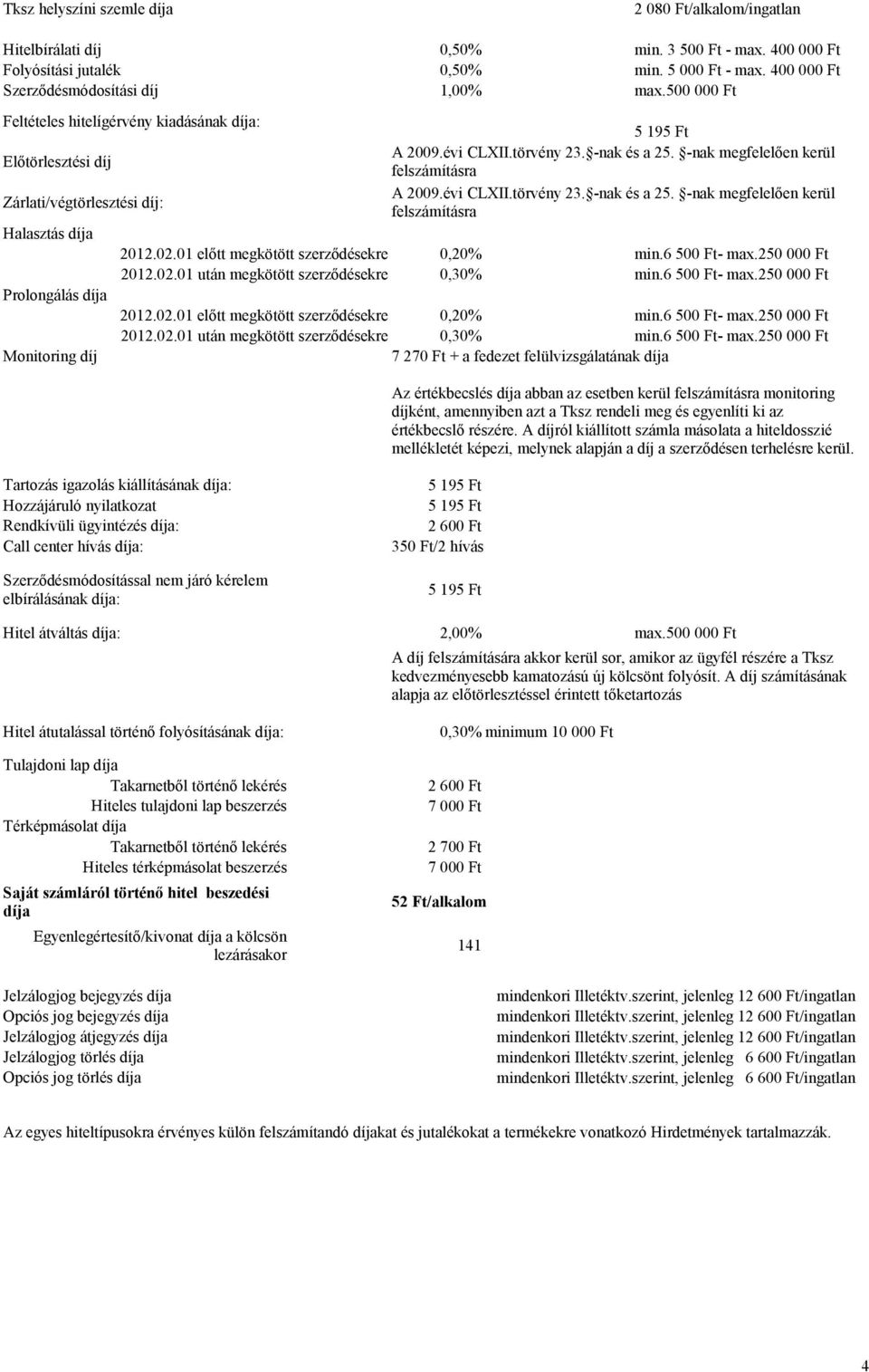 -nak megfelelően kerül felszámításra A 2009.évi CLXII.törvény 23. -nak és a 25. -nak megfelelően kerül felszámításra 2012.02.01 előtt megkötött szerződésekre 0,20% min.6 500 Ft- max.250 000 Ft 2012.