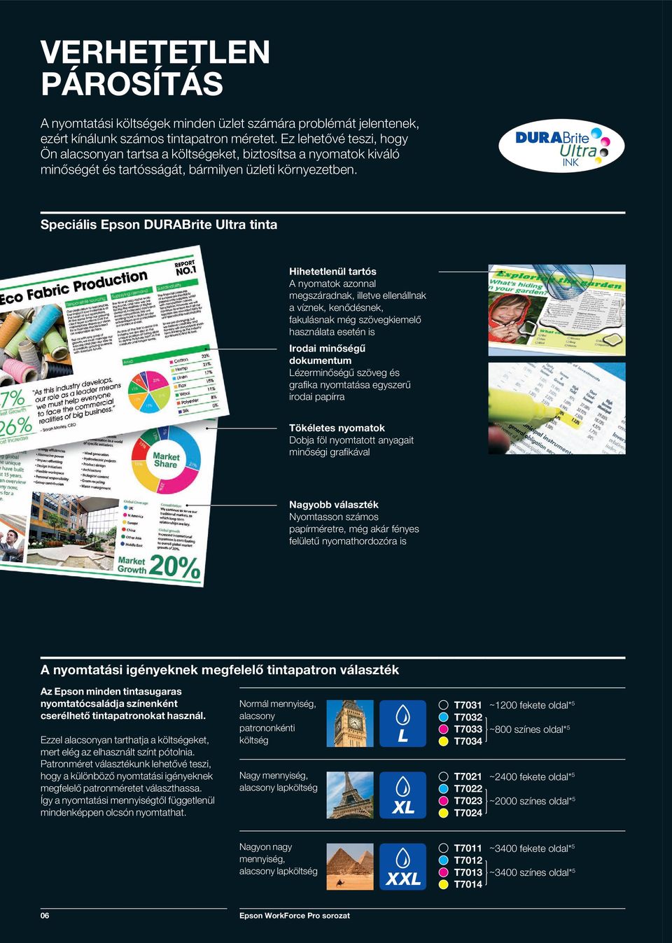 Speciális Epson DURABrite Ultra tinta Hihetetlenül tartós A nyomatok azonnal megszáradnak, illetve ellenállnak a víznek, kenődésnek, fakulásnak még szövegkiemelő használata esetén is Irodai minőségű