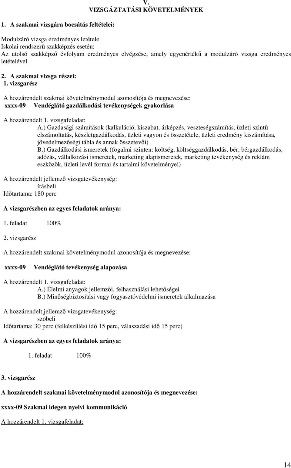 eredményes letételével 2. A szakmai vizsga részei: 1.