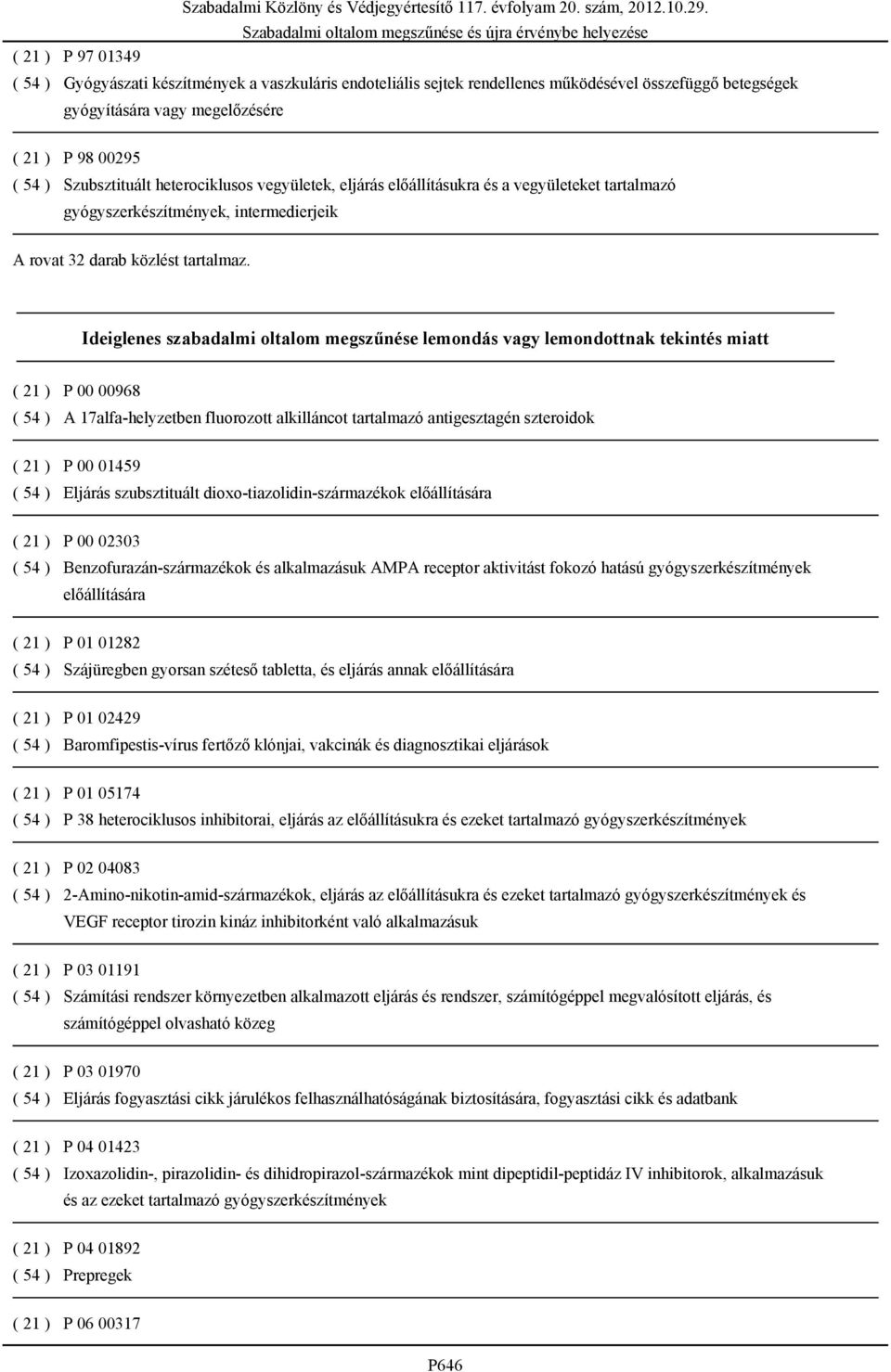 Ideiglenes szabadalmi oltalom megszűnése lemondás vagy lemondottnak tekintés miatt ( 21 ) P 00 00968 ( 54 ) A 17alfa-helyzetben fluorozott alkilláncot tartalmazó antigesztagén szteroidok ( 21 ) P 00