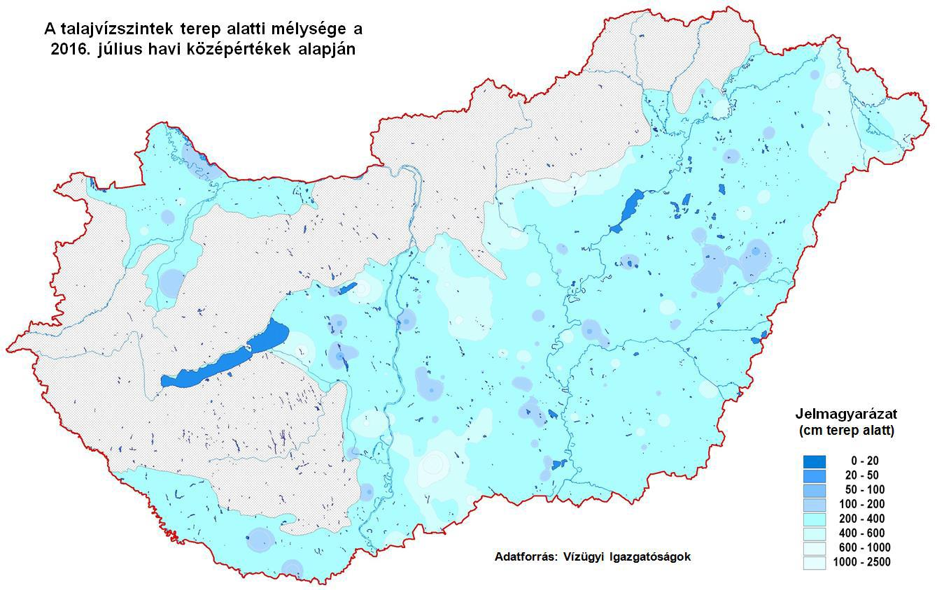 Havi átlagos talajvízállás a talajfelszíntől mérve Július hónapban a Dráva-menti és a Belső-somogyi területeken - 10-40 cm közötti értéktartományban - többlet mutatkozott a többéves átlagok