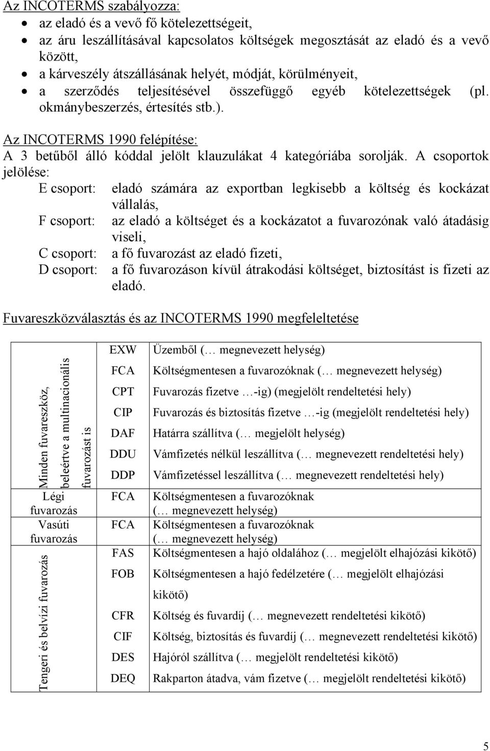 Az INCOTERMS 1990 felépítése: A 3 betűből álló kóddal jelölt klauzulákat 4 kategóriába sorolják.