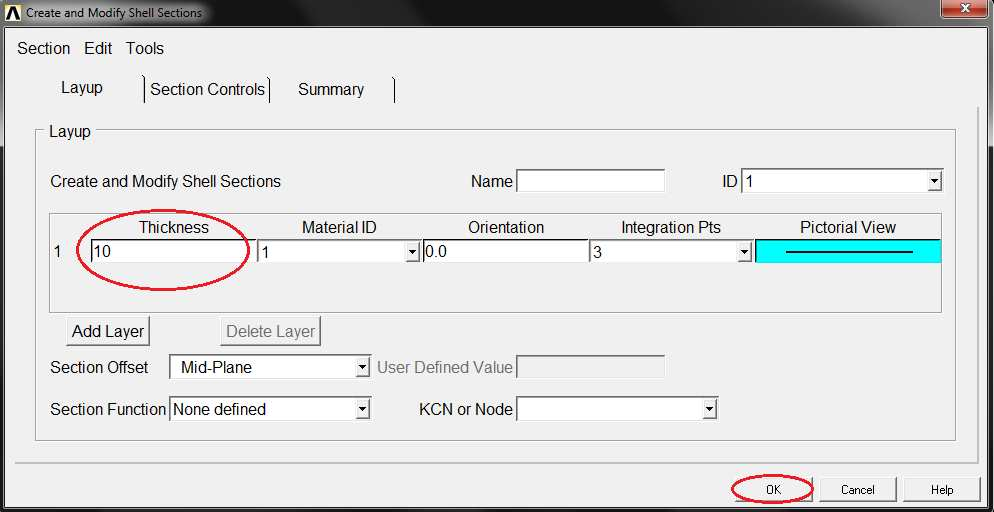 6. A tartál falának vastagsága 0 mm. ANSYS Main Menu Preprocessor Sections Shell La-up Add/Edit 7. A tartál meridián metszetét az síkra kell megrajzolni a pozitív tengel iránába.