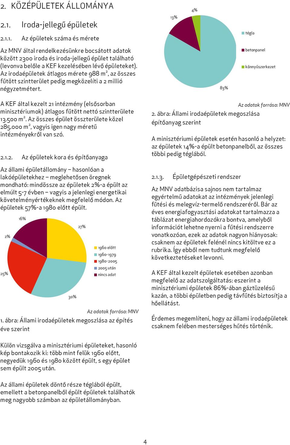 1. Az épületek száma és mérete 13% 4% tégla Az MNV által rendelkezésünkre bocsátott adatok között 2300 iroda és iroda-jellegű épület található (levonva belőle a KEF kezelésében lévő épületeket).