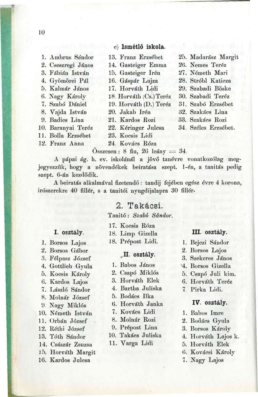 0. Ambrus Siíndor 2. Cseszrefji János 3. Fiíbiíín István 4. (xyömörei Piíl 5. Kalmár János 6. Xagy Károly 7. Szabó Dániel 8. Vajda István 9. Badics Lina 0. Baranyai Teréz. Bolla Erzsébet 2.