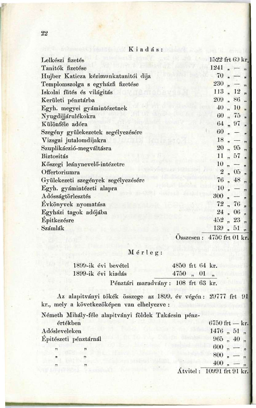 'J2 Kiadás Lelkészi fizetés Tanitók fizetése Hujber Katieza kézimunkatanitói dija Templomszolga s egyházfi fizetése Iskolai fűtés és világitás Kerületi pénztárba Egyh.