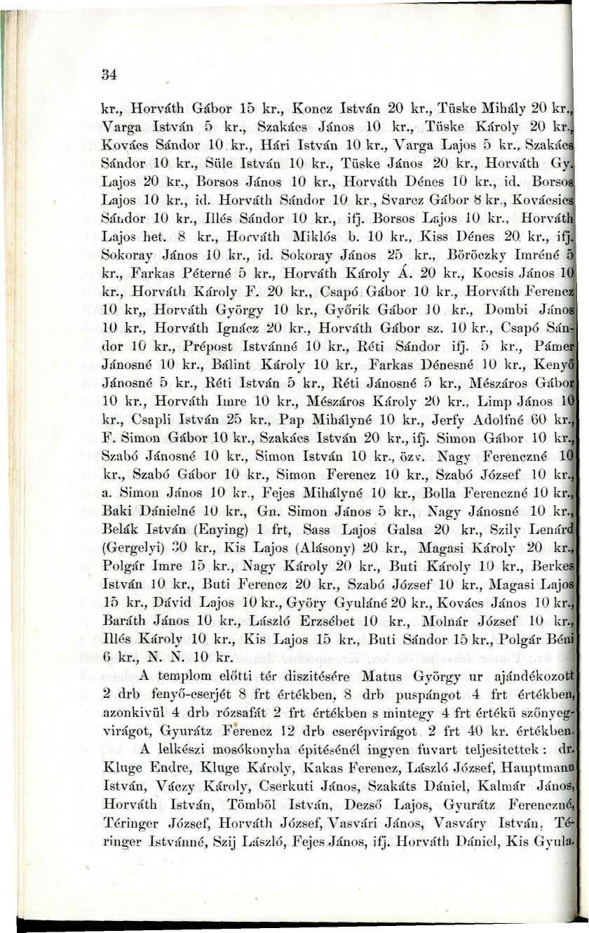 34. kr., Horváth Gábor 5 kr., Koncz István 20 kr., Tüske Mihály 20 kr., Varga István 5 kr., Szakács János 0 kr., Tüske Károly 20 kr.. Kovács Sándor 0 kr., Hári István 0 kr.. Varga Lajos b kr.