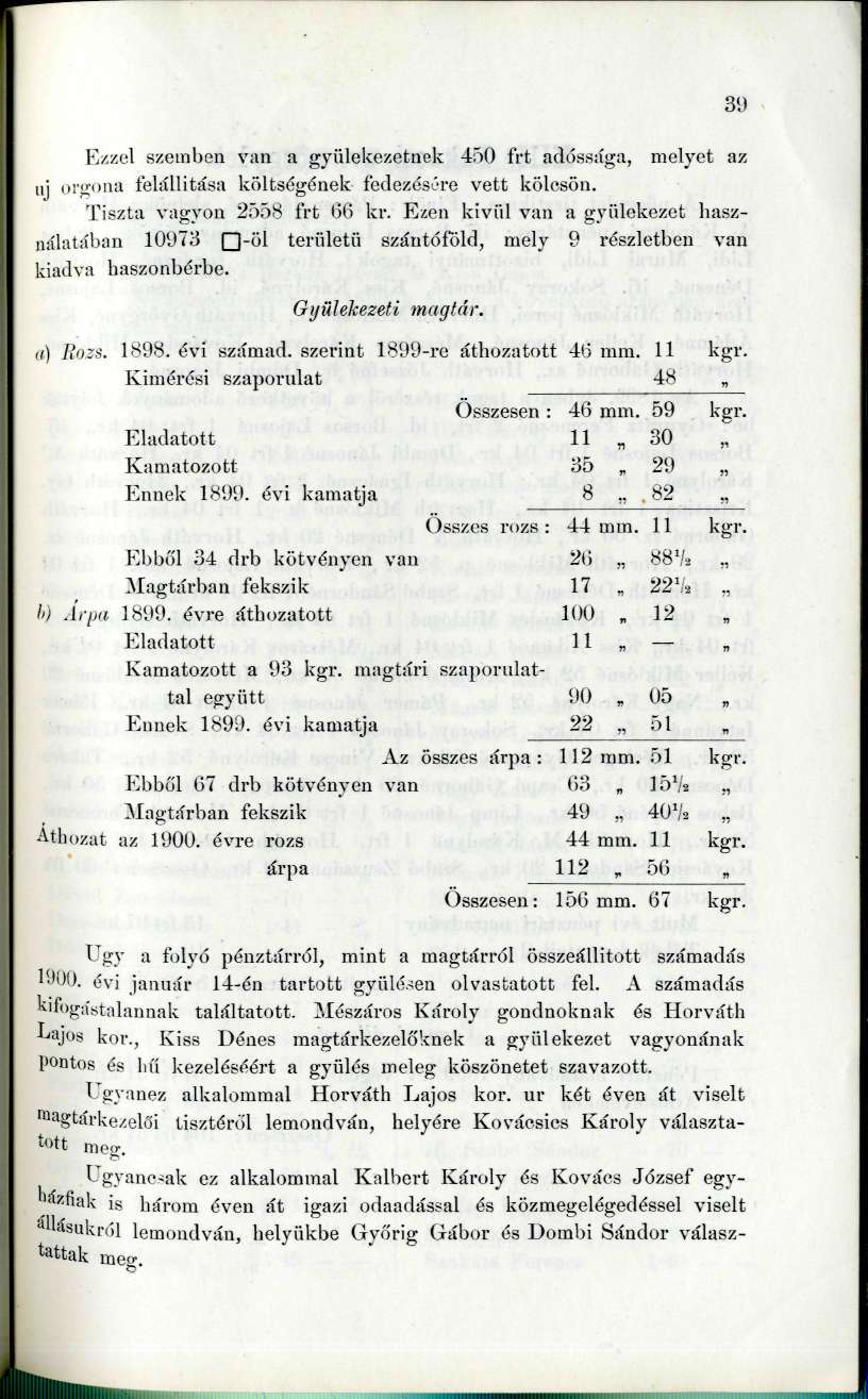 Ezzel szemben van a gyülekezetnek 450 frt adóssága, melyet az Ili orgona felállítása költségének fedezésére vett kölcsön. Tiszta vagyon 2558 frt (36 kr.