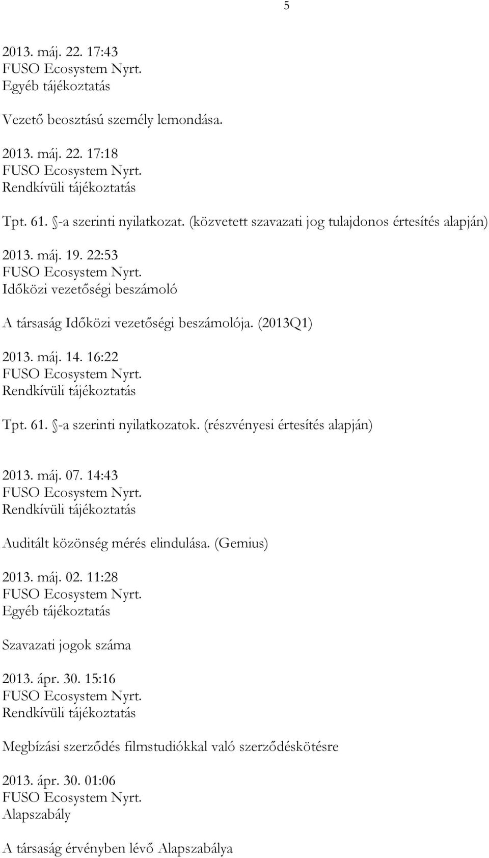(2013Q1) 2013. máj. 14. 16:22 Tpt. 61. -a szerinti nyilatkozatok. (részvényesi értesítés alapján) 2013. máj. 07.
