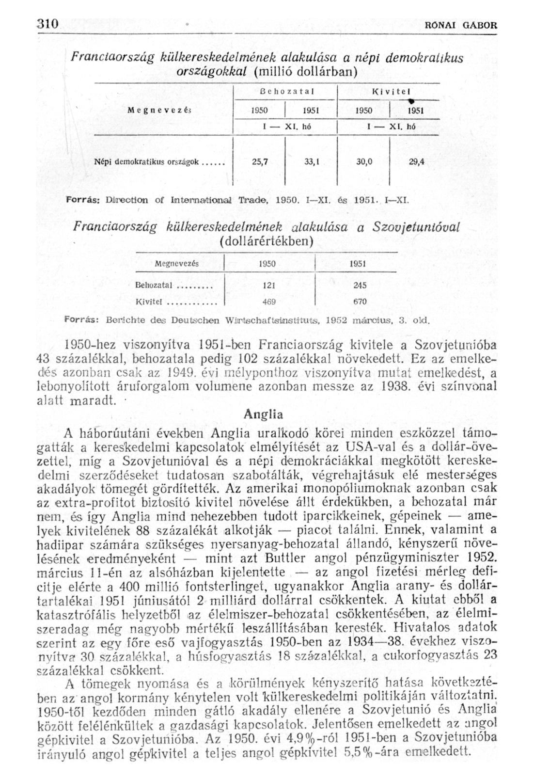 Franciaország külkereskedelmének alakulása a népi demokratikus országokkal (millió dollárban) Behozatal Megnevez és 1950 1951 I XI. hó Kivitel 1950 1 1951 I XI.