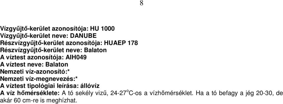 Balaton Nemzeti víz-azonosító:* Nemzeti víz-megnevezés:* A víztest tipológiai leírása: állóvíz A víz