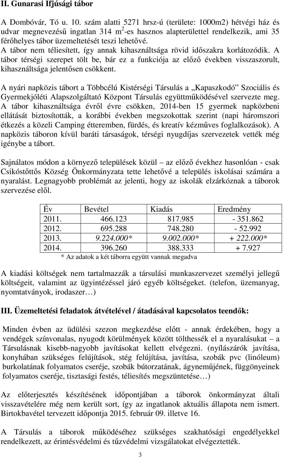 A tábor nem téliesített, így annak kihasználtsága rövid időszakra korlátozódik. A tábor térségi szerepet tölt be, bár ez a funkciója az előző években visszaszorult, kihasználtsága jelentősen csökkent.