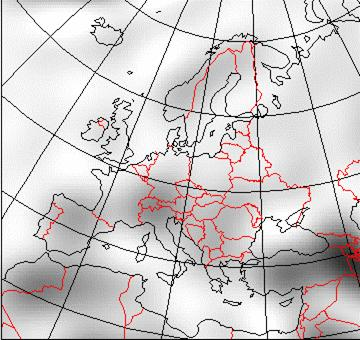 Európa domborzatának megjelenése egy 50 km-es felbontású (balra) és egy 300 km-es