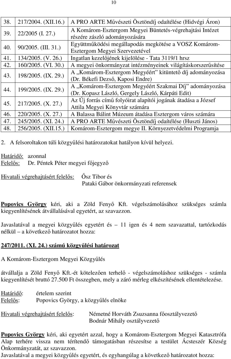 30.) A megyei önkormányzat intézményeinek világításkorszerősítése 43. 198/2005. (IX. 29.) A Komárom-Esztergom Megyéért kitüntetı díj adományozása (Dr. Békefi Dezsı, Kaposi Endre) 44. 199/2005. (IX. 29.) A Komárom-Esztergom Megyéért Szakmai Díj adományozása (Dr.