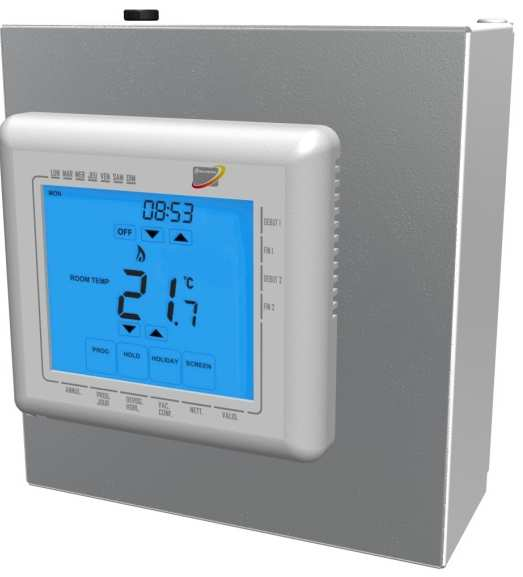 CENTRAL EUROPE Ipari fűtőrendszerek hőmérsékletszabályozó egységei TM2Evo egyzónás, programozható, érintőképernyős termosztát egyfokozatú - sugárzókhoz