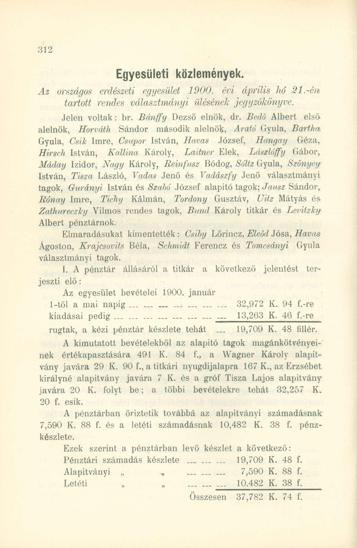 Egyesületi közlemények. Az országos erdészeti egyesület 1900. évi április hó 21.-én. tartott rendes választmányi ülésének jegyzőkönyve. Jelen voltak: br. Bánffy Dezső elnök, dr.