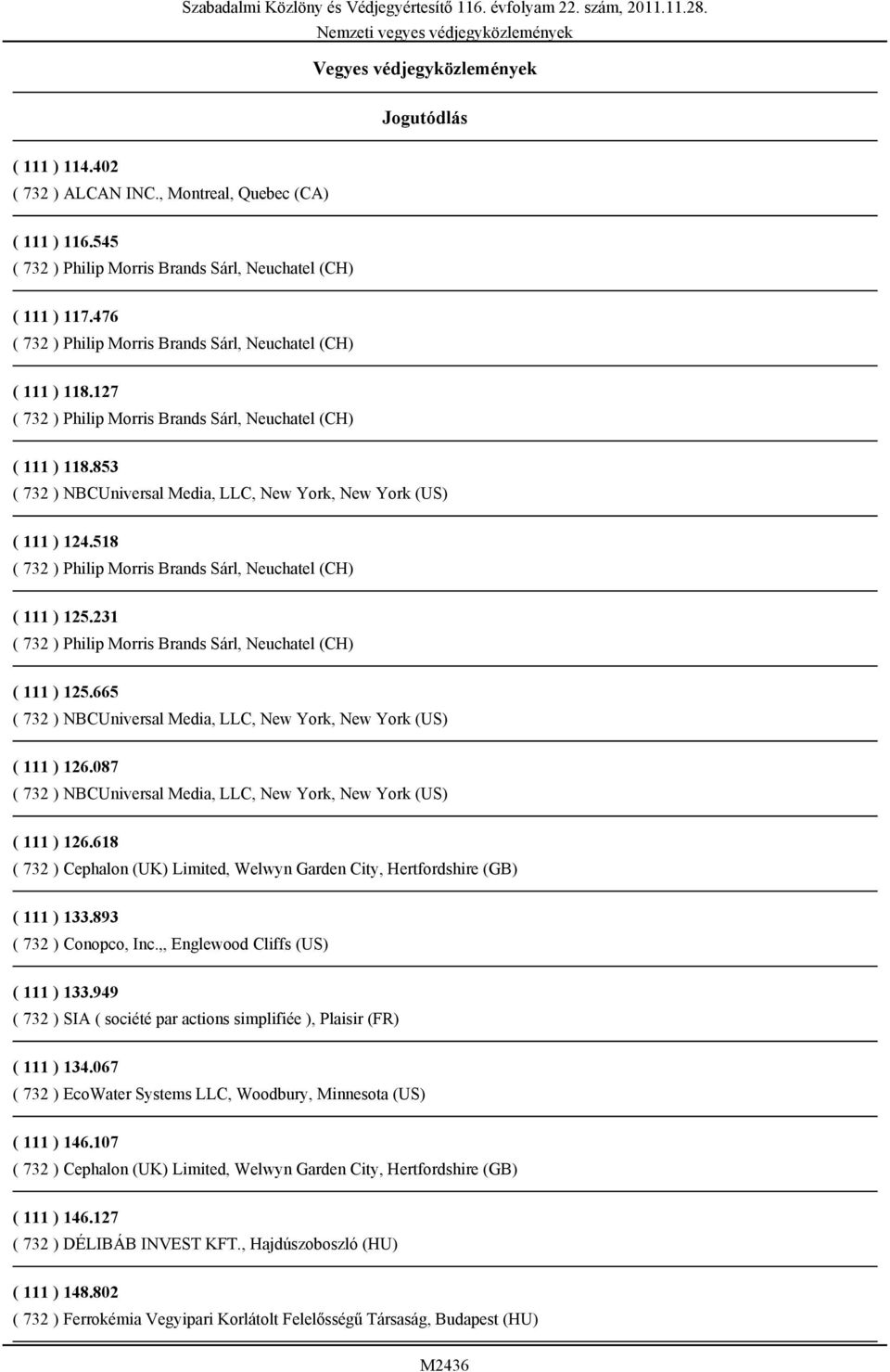 087 ( 732 ) NBCUniversal Media, LLC, New York, New York (US) ( 111 ) 126.618 ( 732 ) Cephalon (UK) Limited, Welwyn Garden City, Hertfordshire (GB) ( 111 ) 133.893 ( 732 ) Conopco, Inc.