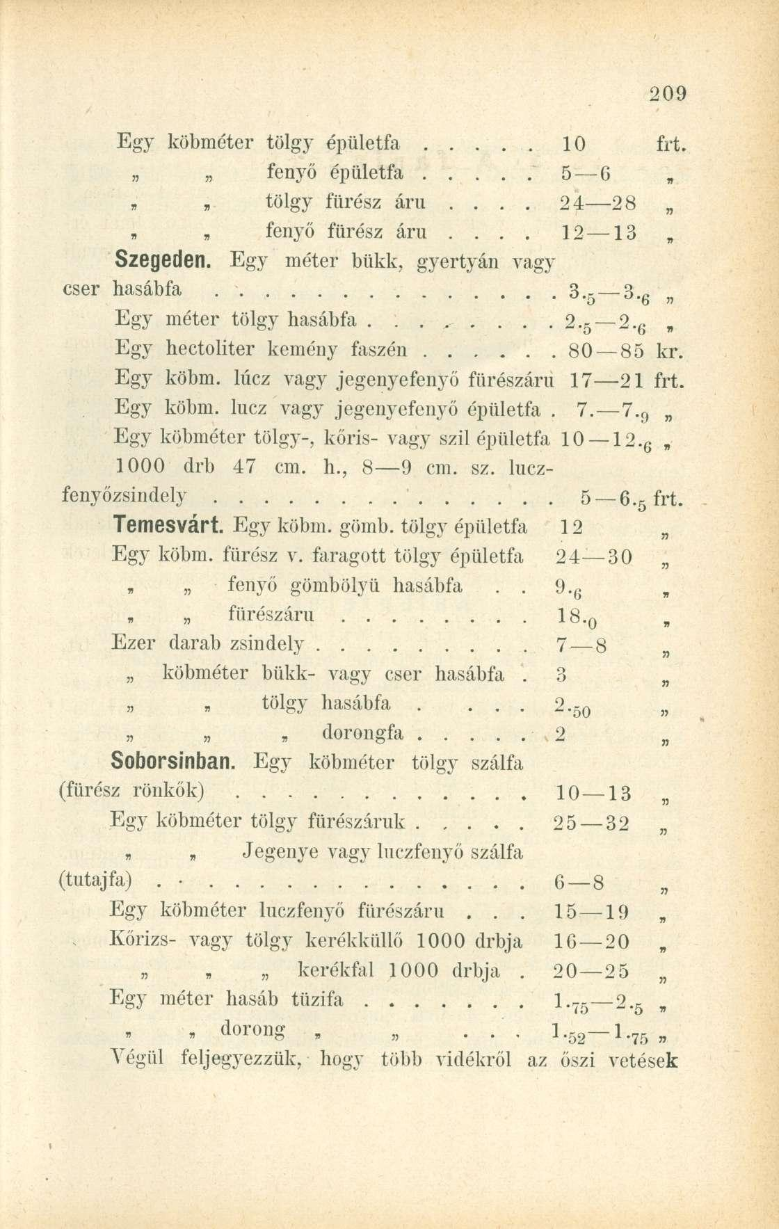Egy köbméter tölgy épületfa 10 frt. fenyő épületfa 5 6, tölgy fürész áru.... 24 28 ; fenyő fürész áru.... 12 13, Szegeden. Egy méter bükk, gyertyán vagy cser hasábfa 3. 5 3.
