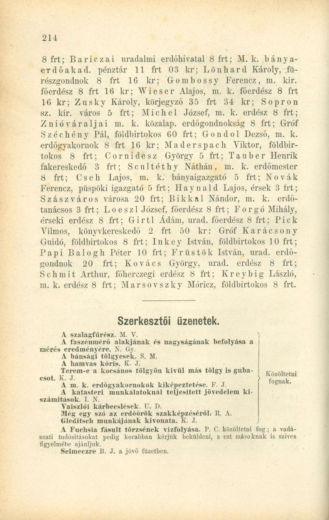 8 frt; Bariczai uradalmi erdőhivatal 8 frt; M. k. bányaerdő akad. pénztár 11 frt 03 kr; Lönhard Károly, fiirészgondnok 8 frt 16 kr; Gombossy Ferencz, m. kir. főerdész 8 frt 16 kr; Wieser Alajos, m. k. főerdész 8 frt 16 kr; Zusky Károly, körjegyző 35 frt 34 kr; Sopron sz.