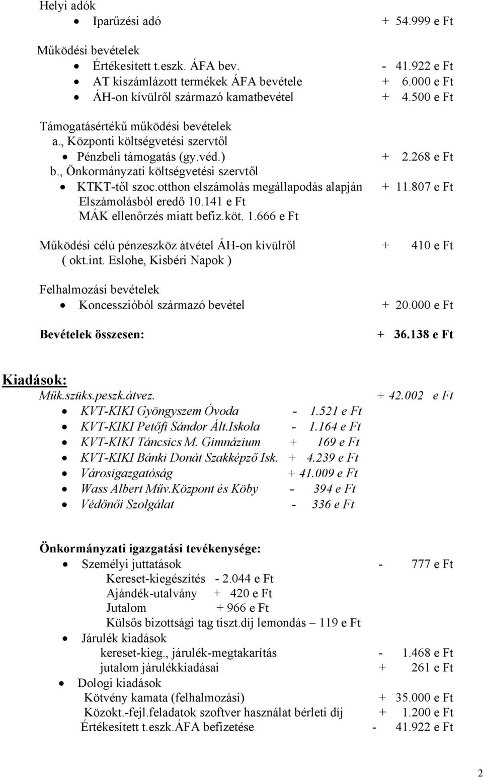 807 e Ft Elszámolásból eredő 10.141 e Ft MÁK ellenőrzés miatt befiz.köt. 1.666 e Ft Működési célú pénzeszköz átvétel ÁH-on kívülről + 410 e Ft ( okt.int.