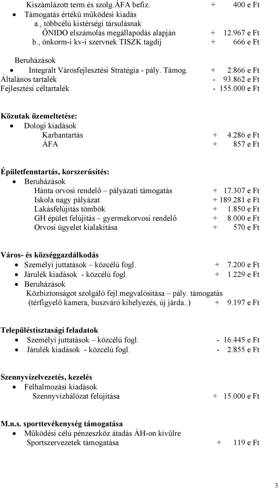 000 e Ft Közutak üzemeltetése: Dologi kiadások Karbantartás + 4.286 e Ft ÁFA + 857 e Ft Épületfenntartás, korszerűsítés: Beruházások Hánta orvosi rendelő pályázati támogatás + 17.