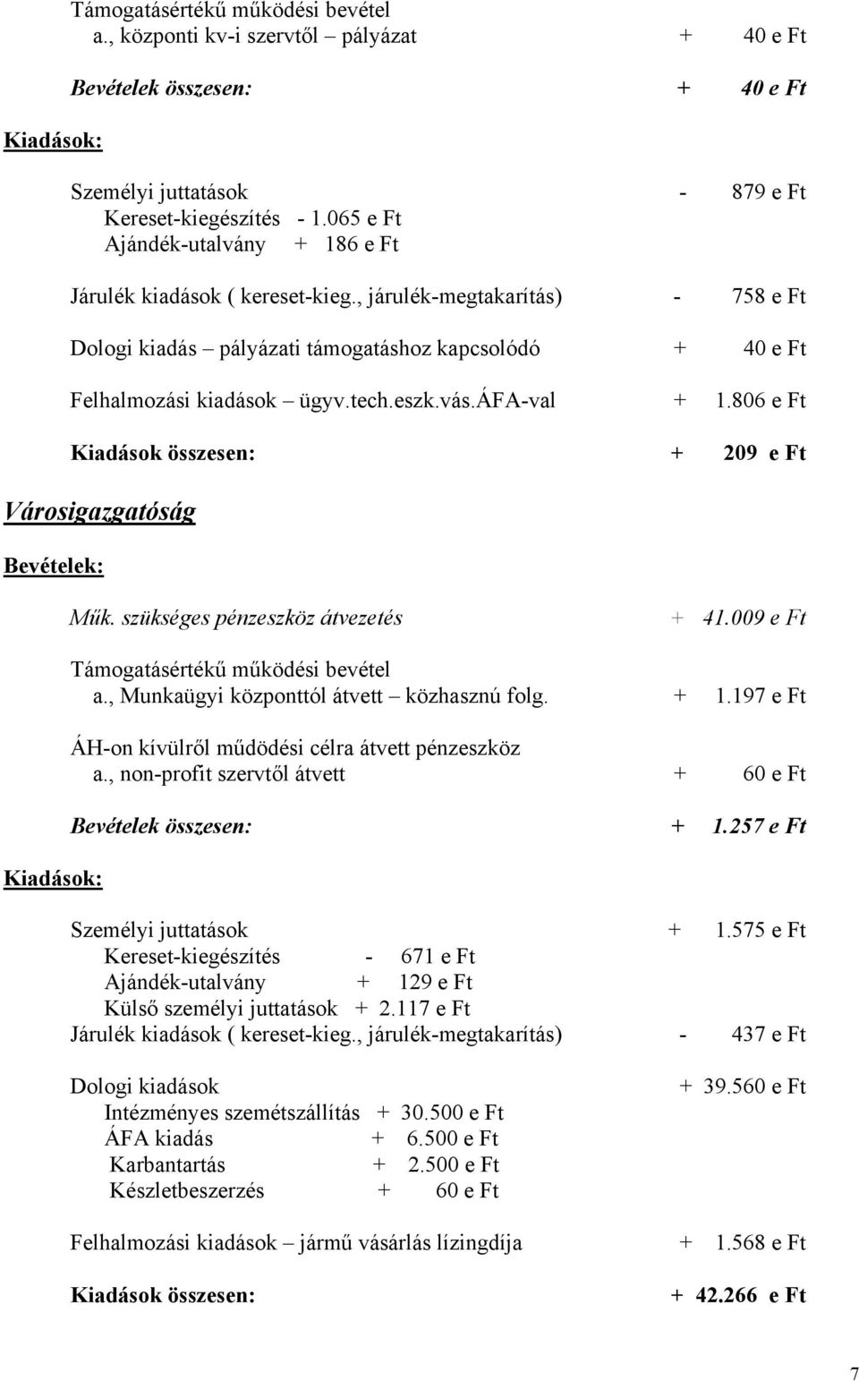 szükséges pénzeszköz átvezetés + 41.009 e Ft a., Munkaügyi központtól átvett közhasznú folg. + 1.197 e Ft ÁH-on kívülről műdödési célra átvett pénzeszköz a.