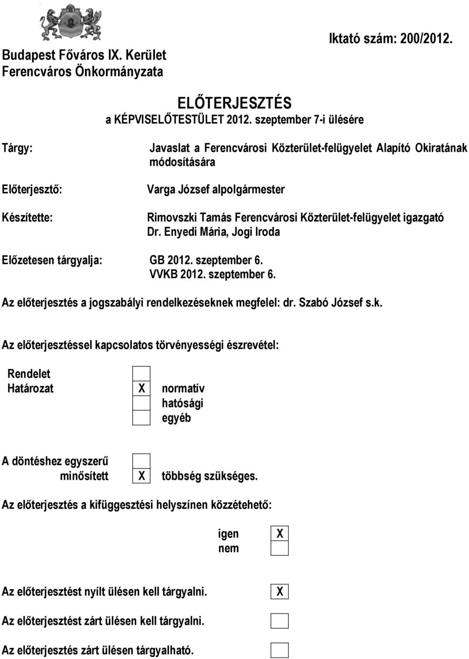 Közterület-felügyelet igazgató Dr. Enyedi Mária, Jogi Iroda Előzetesen tárgyalja: GB 2012. szeptember 6. VVKB 2012. szeptember 6. Az előterjesztés a jogszabályi rendelkezéseknek megfelel: dr.