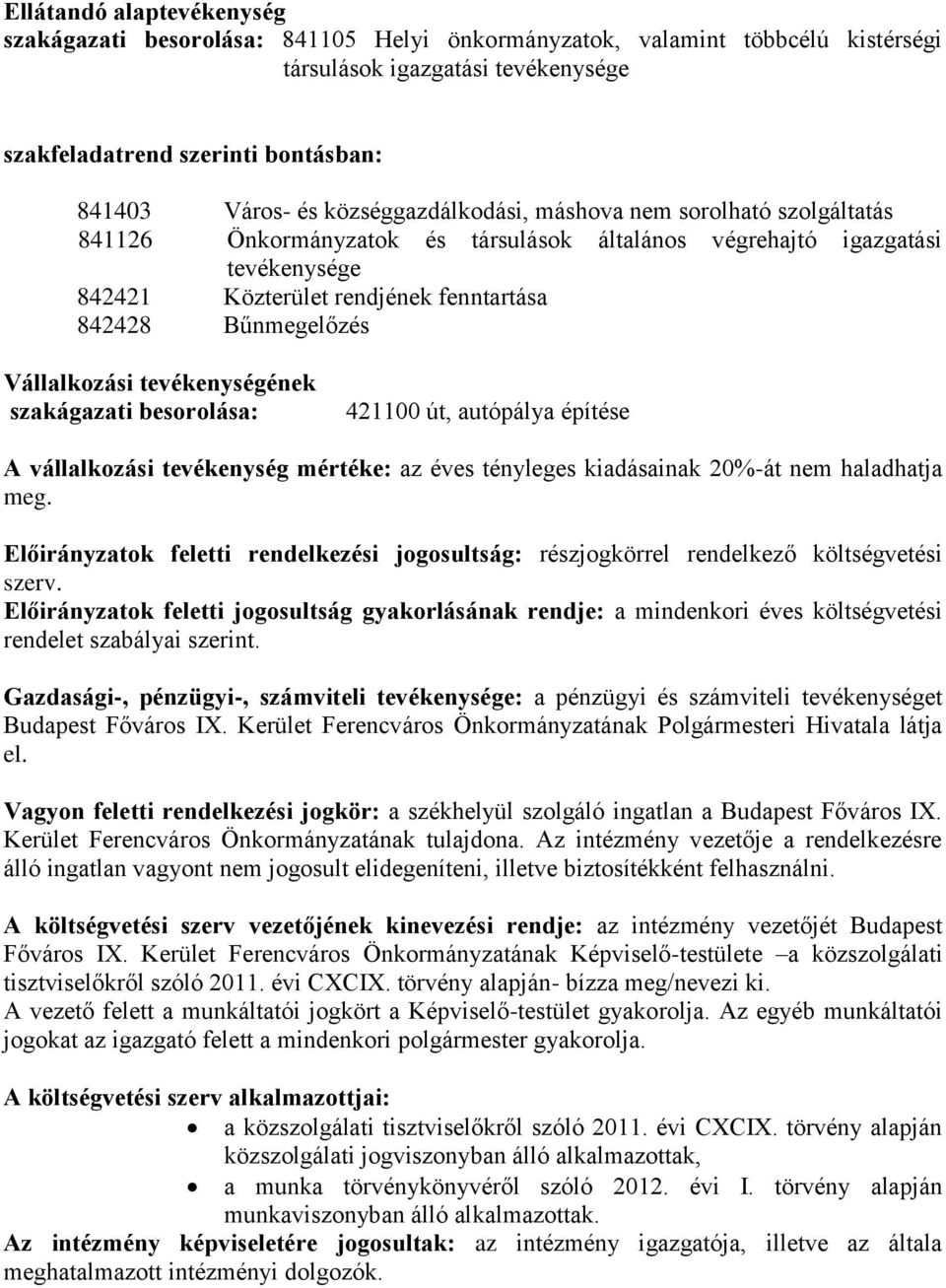 Vállalkozási tevékenységének szakágazati besorolása: 421100 út, autópálya építése A vállalkozási tevékenység mértéke: az éves tényleges kiadásainak 20%-át nem haladhatja meg.