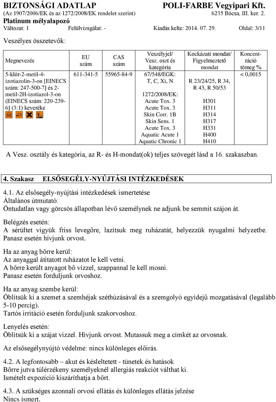 Veszélyjel/ Vesz. oszt és kategória 611-341-5 55965-84-9 67/548/EGK: T, C, Xi, N 1272/2008/EK: Acute Tox. 3 Acute Tox. 3 Skin Corr. 1B Skin Sens. 1 Acute Tox.