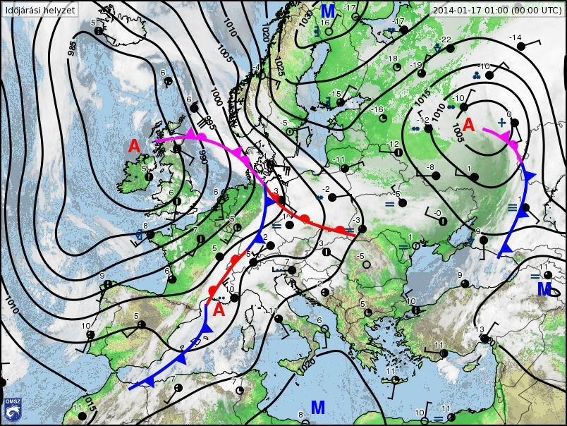 4. ábra: P4. (mcw) 2014. január 17-én 5. P5. (Ae) Anticiklon Magyarországtól keletre: Főként az őszi, téli időszakban igen gyakori típus a Kárpát-medencében.