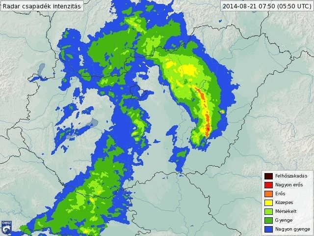 19.ábra: Mezoléptékű Konvektív Rendszer (MKR) a Tiszántúlon, 2014. augusztus 21-én, 5:50 UTC-kor (Forrás: http://www.met.hu) 4.