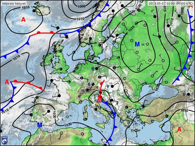 25. ábra: Hóvastagság 1993. november 14-én 7h-kor 2.) 2013. május 7-én a 00 UTC-időpontban mért adatok szerint a légnyomás országszerte 1015 hpa felett volt (26.