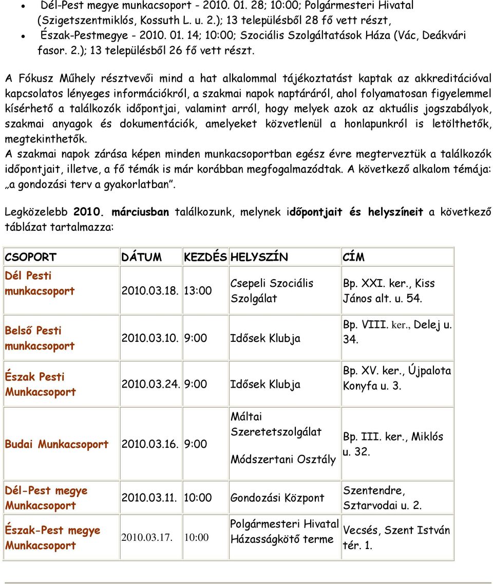 A Fókusz Műhely résztvevői mind a hat alkalommal tájékoztatást kaptak az akkreditációval kapcsolatos lényeges információkról, a szakmai napok naptáráról, ahol folyamatosan figyelemmel kísérhető a