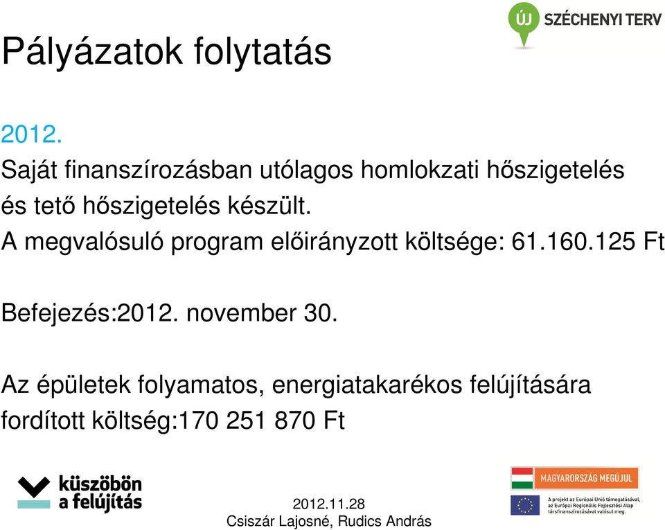 hőszigetelés készült. A megvalósuló program előirányzott költsége: 61.