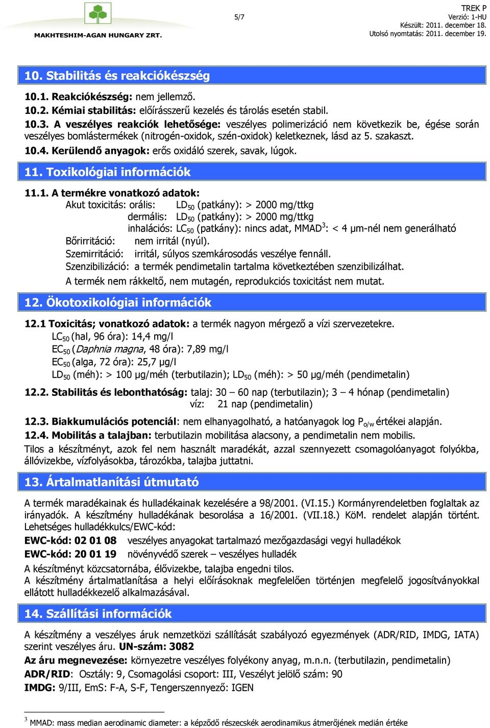 Kerülendő anyagok: erős oxidáló szerek, savak, lúgok. 11