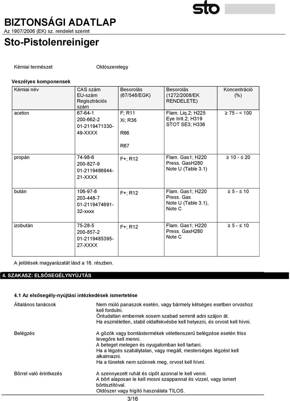 GasH280 Note U (Table 3.1) 10-20 bután 106-97-8 203-448-7 01-2119474691- 32-xxxx F+; R12 Flam. Gas1; H220 Press. Gas Note U (Table 3.