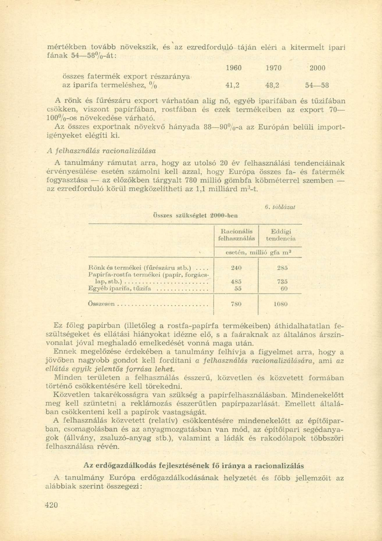 mértékben tovább növekszik, és az ezredforduló táján eléri a kitermelt ipari fának 54 58%-át: 1960 1970 2000 összes fatermék export részaránya az iparifa termeléshez, % 41,2 48,2 54 58 A rönk és