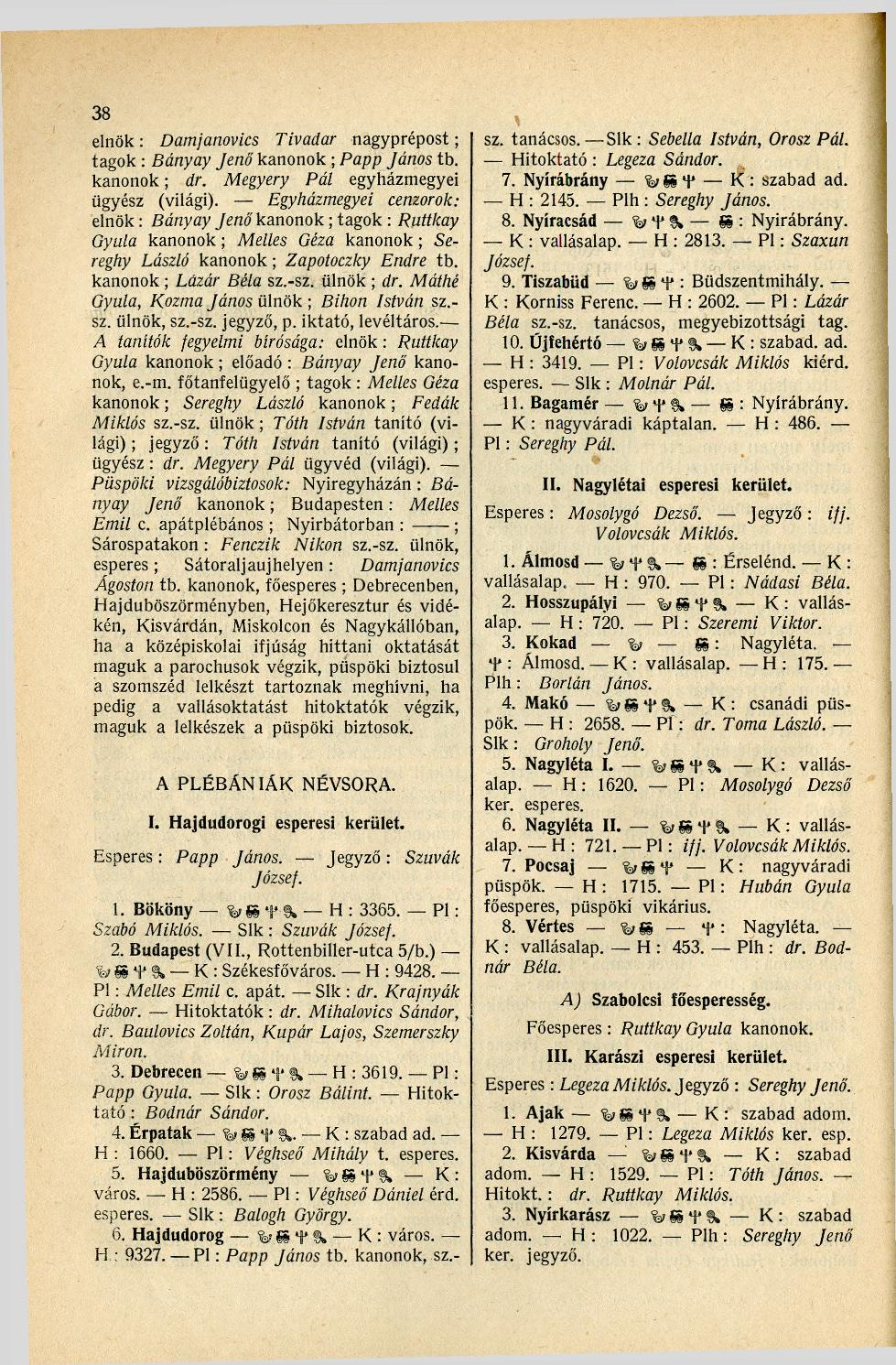 38 elnök: Damjanovics Tivadar nagyprépost; tagok : Bányay Jenő kanonok ; Papp János tb. kanonok; dr. Megyery Pál egyházmegyei ügyész (világi).