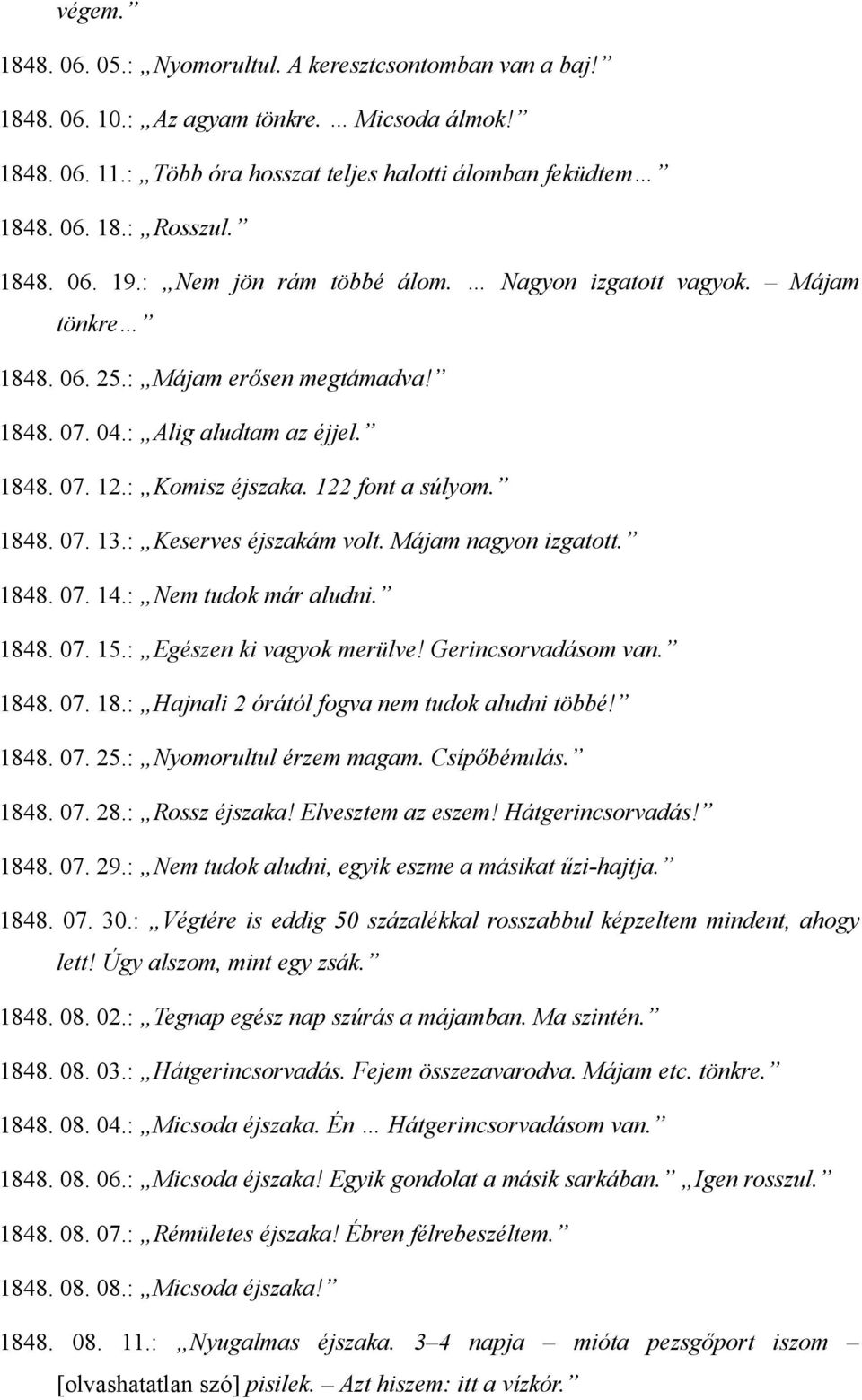 122 font a súlyom. 1848. 07. 13.: Keserves éjszakám volt. Májam nagyon izgatott. 1848. 07. 14.: Nem tudok már aludni. 1848. 07. 15.: Egészen ki vagyok merülve! Gerincsorvadásom van. 1848. 07. 18.: Hajnali 2 órától fogva nem tudok aludni többé!